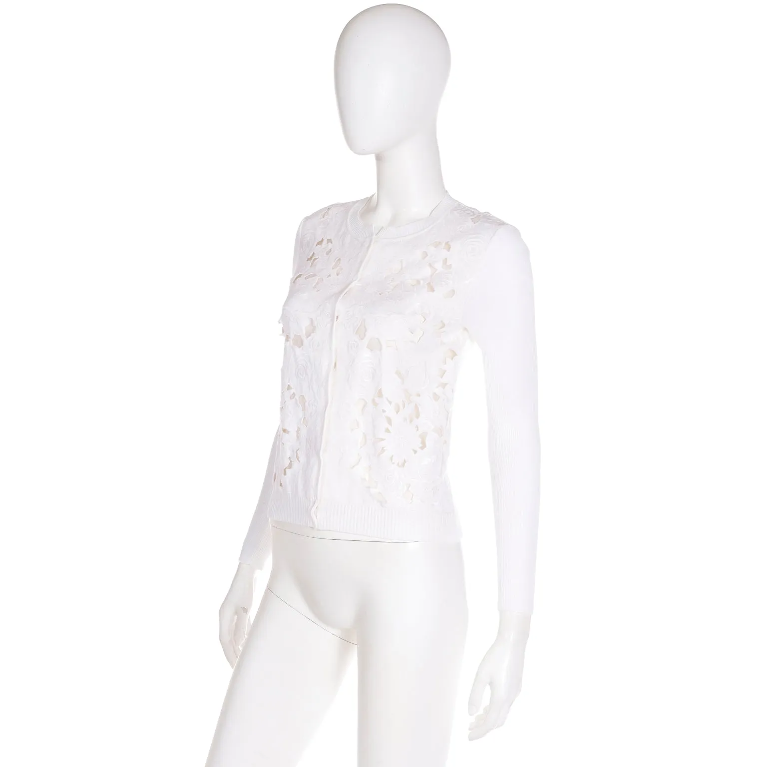 2000s Valentino White Cotton Cardigan Sweater s Cutwork & Embroidery