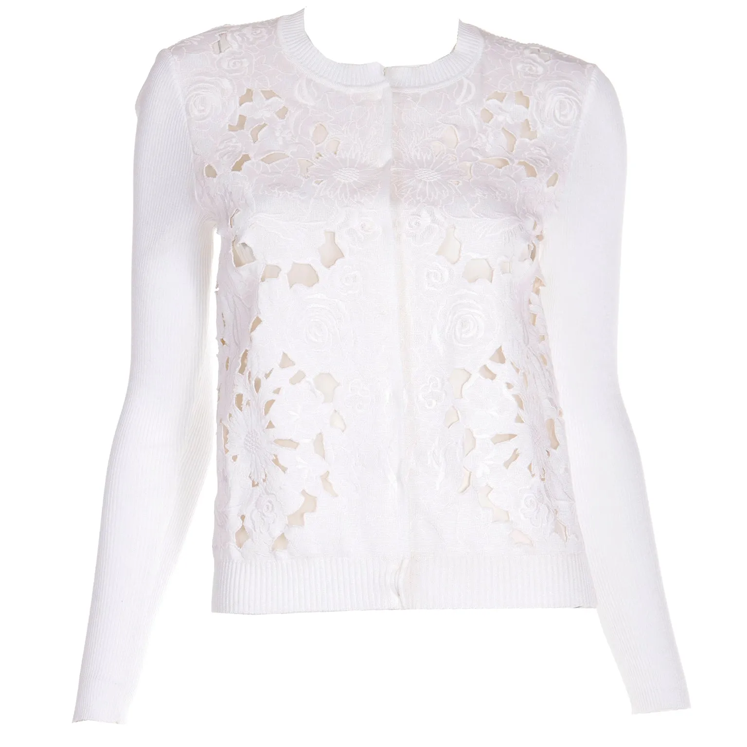 2000s Valentino White Cotton Cardigan Sweater s Cutwork & Embroidery