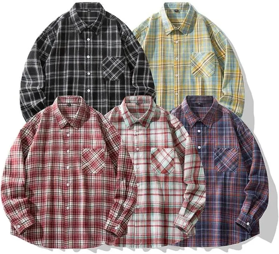 2025 Men's Checkered Shirt Spring Fall Long Sleeve Business Checked Dress Shirts with Pocket