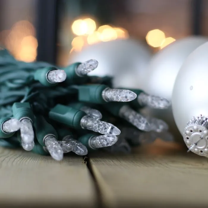 50-light  M5 Pure White LED Christmas Lights, 4" Spacing Green Wire