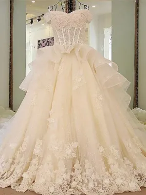 A-line Off-Shoulder Cathedral Train Tulle Rhine Stone Lace Wedding Dresses ASD2630