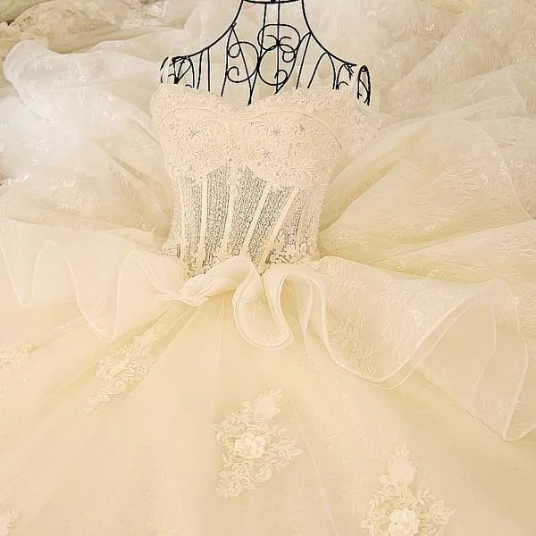 A-line Off-Shoulder Cathedral Train Tulle Rhine Stone Lace Wedding Dresses ASD2630