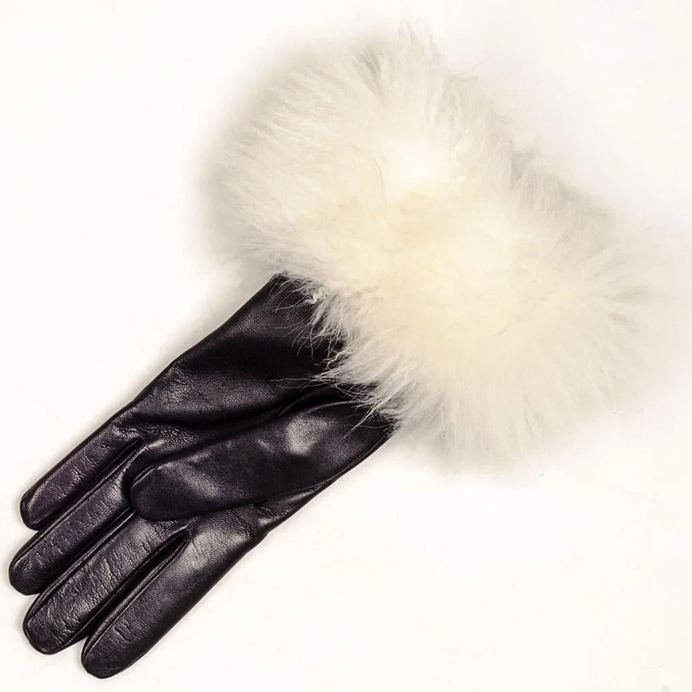 Black Leather Gloves with White Cashmere Fur Cuff