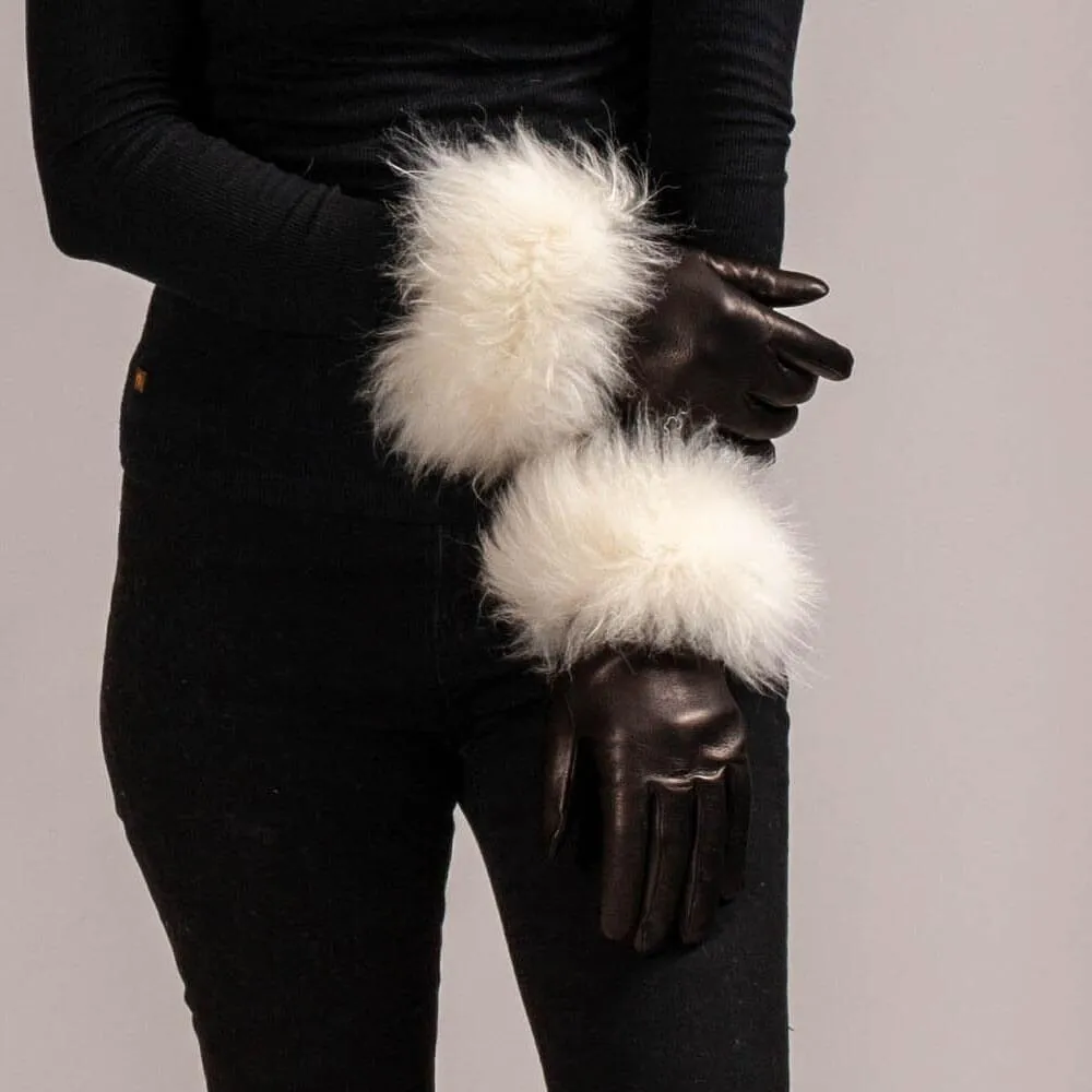 Black Leather Gloves with White Cashmere Fur Cuff