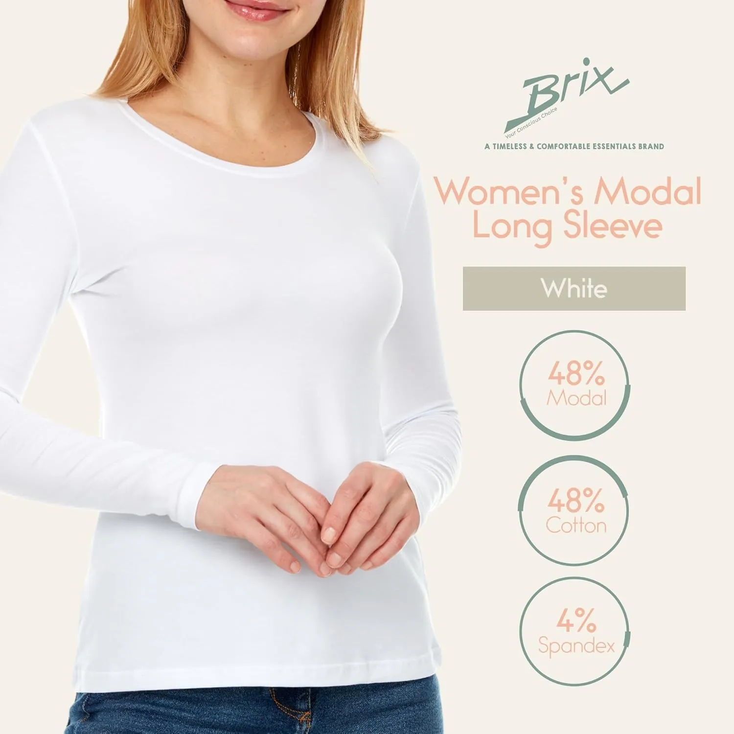 Brix Essentials Women's Classic-Fit Long-Sleeve Crewneck T-Shirt Super Soft Tagless.