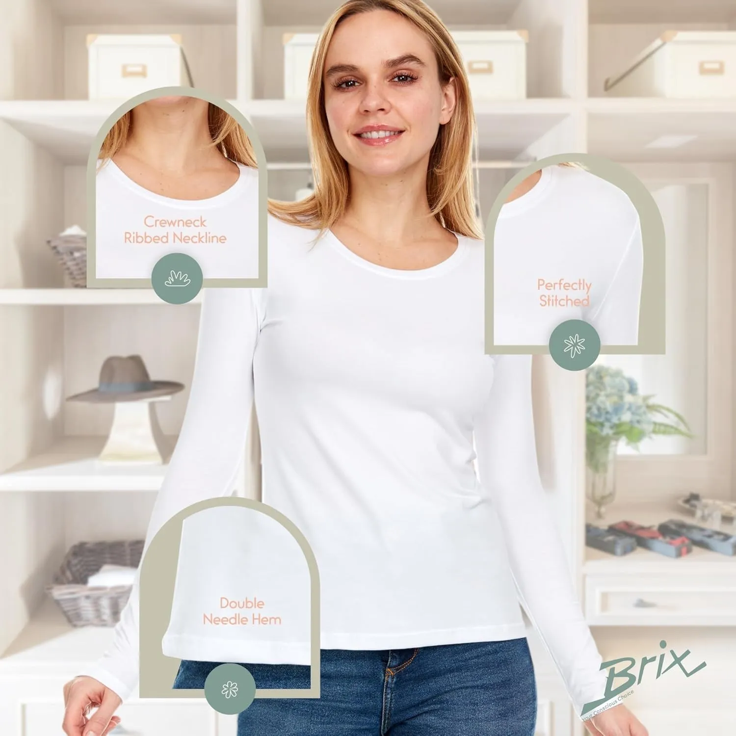Brix Essentials Women's Classic-Fit Long-Sleeve Crewneck T-Shirt Super Soft Tagless.
