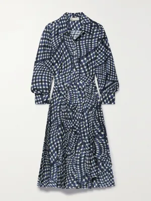 Checked pleated silk-twill midi dress