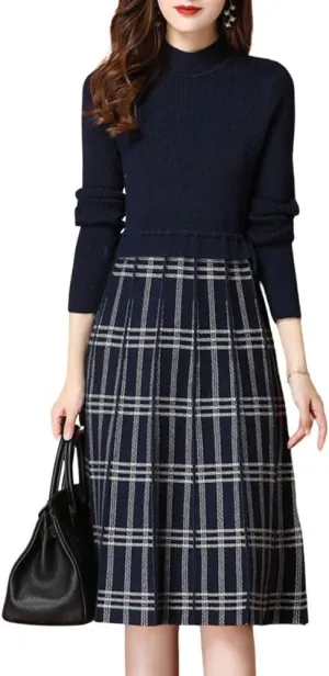 chouyatou Women's Vintage Plaid Checkered Color Block A Line Pleated Knitted Sweater Midi Long Dress