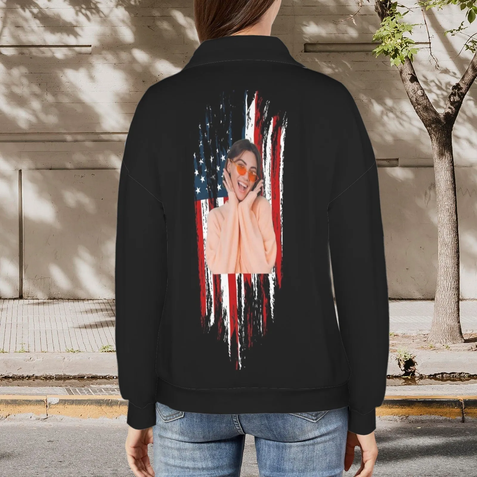 Custom Face American Flag Style Women's Lapel Half Zip Pullover Drawstring Sweatshirts Fashion Outfits