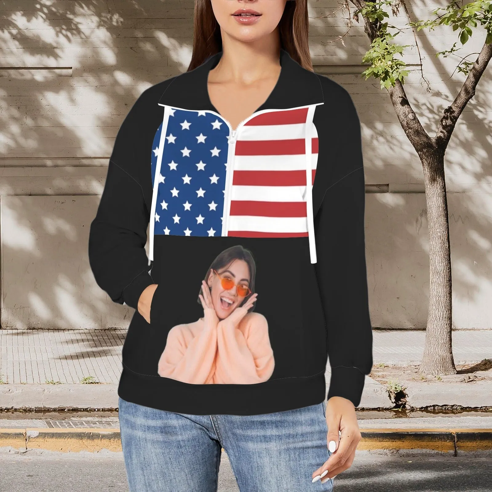 Custom Face American Flag Style Women's Lapel Half Zip Pullover Drawstring Sweatshirts Fashion Outfits