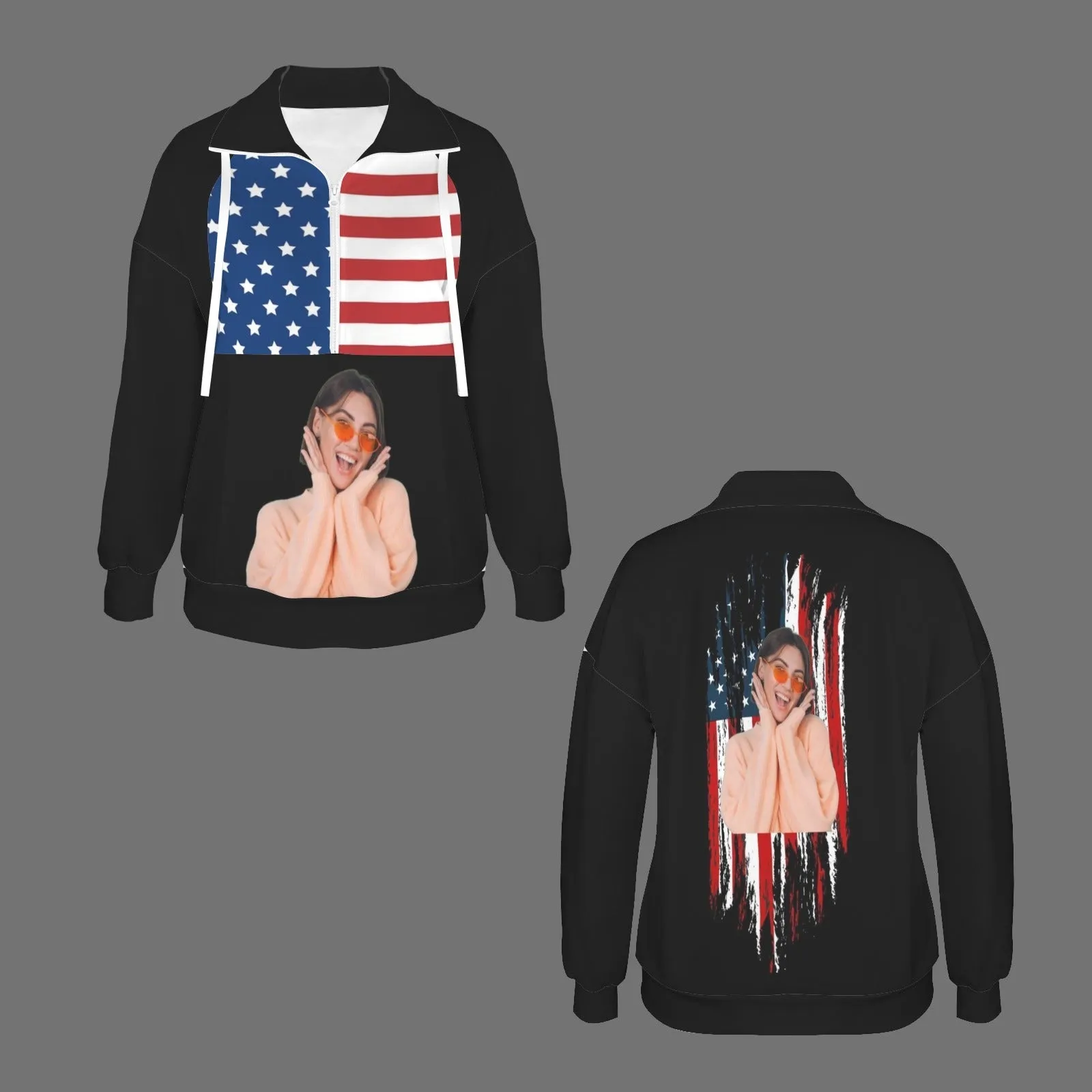 Custom Face American Flag Style Women's Lapel Half Zip Pullover Drawstring Sweatshirts Fashion Outfits