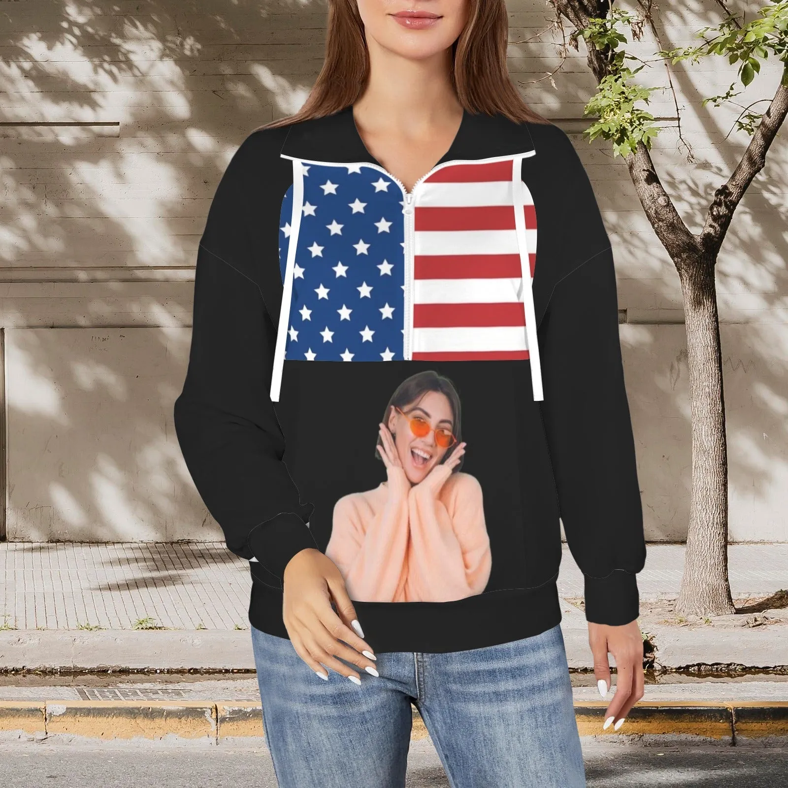 Custom Face American Flag Style Women's Lapel Half Zip Pullover Drawstring Sweatshirts Fashion Outfits