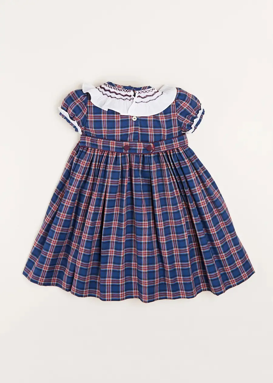 Eaton Checked Hand Smocked Short Sleeve Dress in Navy (12mths-10yrs)