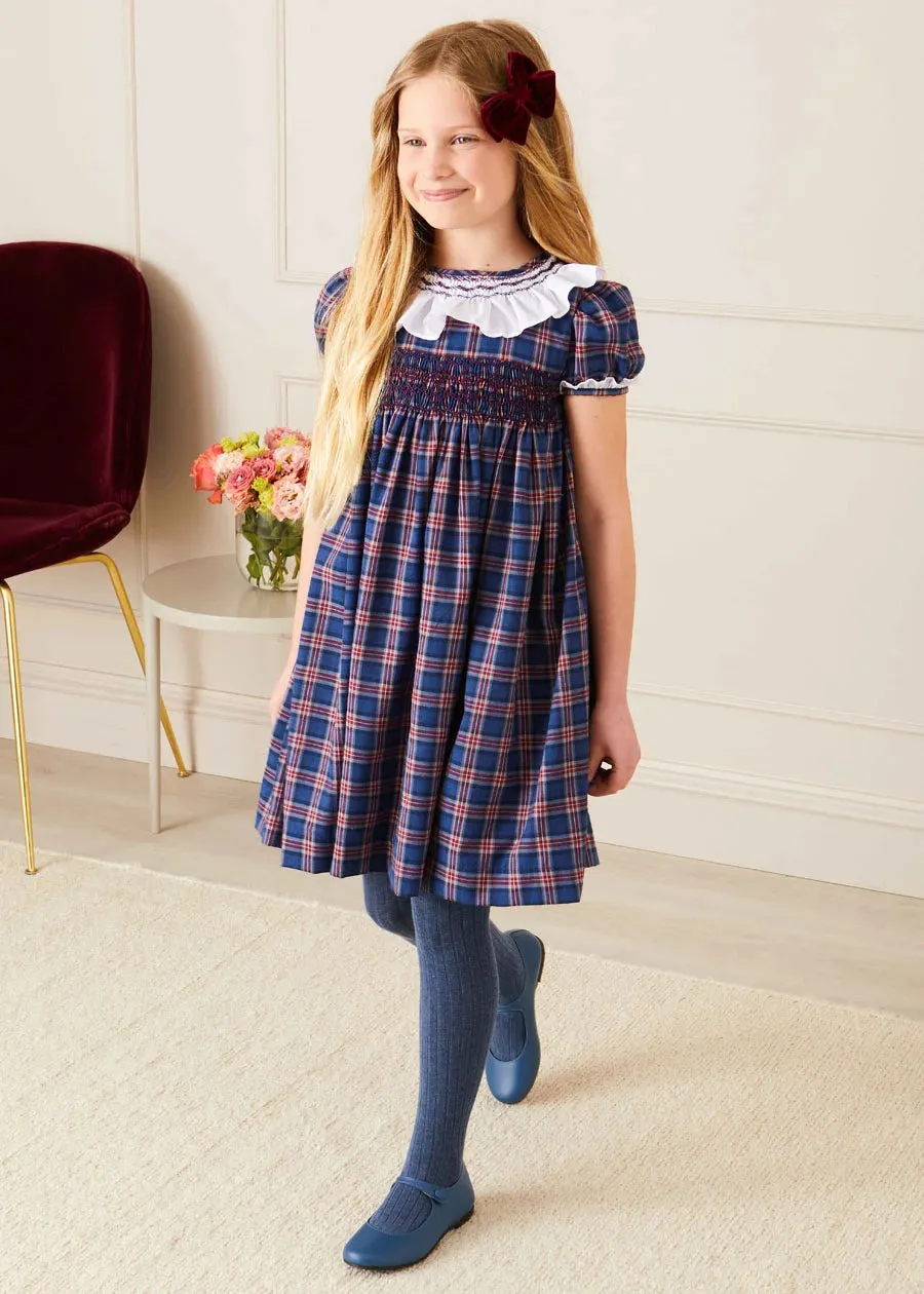 Eaton Checked Hand Smocked Short Sleeve Dress in Navy (12mths-10yrs)
