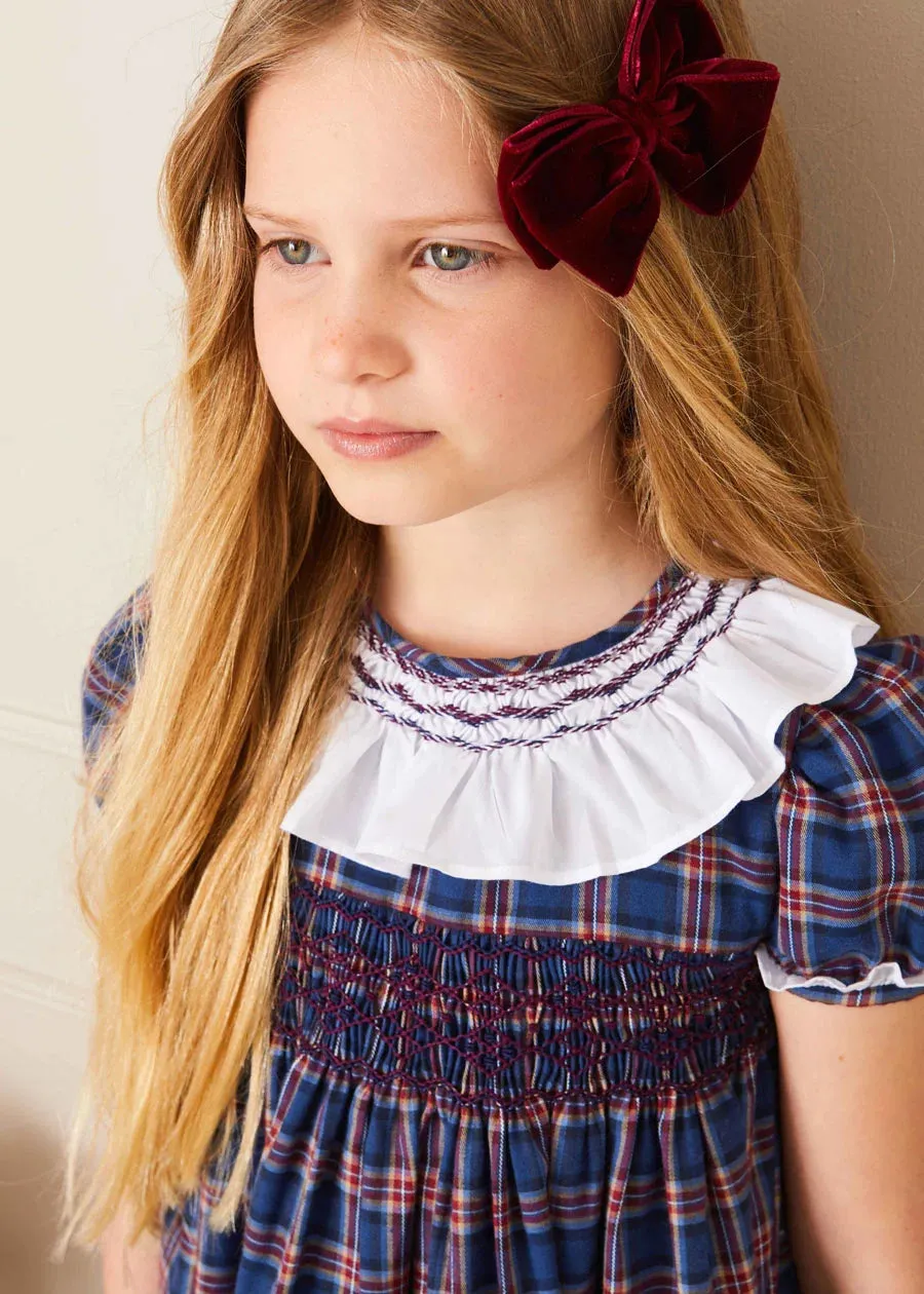 Eaton Checked Hand Smocked Short Sleeve Dress in Navy (12mths-10yrs)