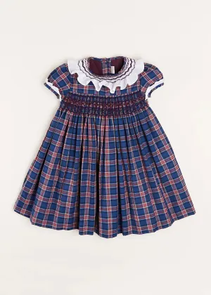 Eaton Checked Hand Smocked Short Sleeve Dress in Navy (12mths-10yrs)