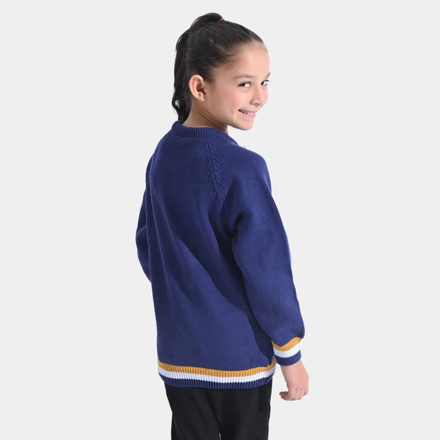 Girls Cotton Full Sleeves Sweater Fox Embroidered-Navy Blue