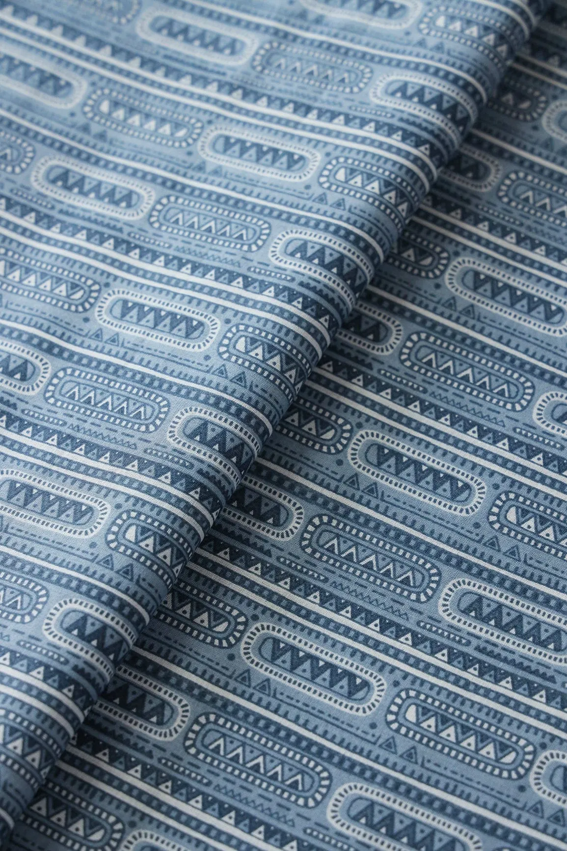 Grey And White Geometric Foil Print On Pure Mul Cotton Fabric