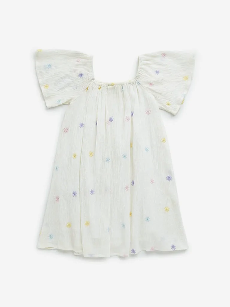 HOP Kids Off-White Floral Embroidered A-Line Cotton Dress