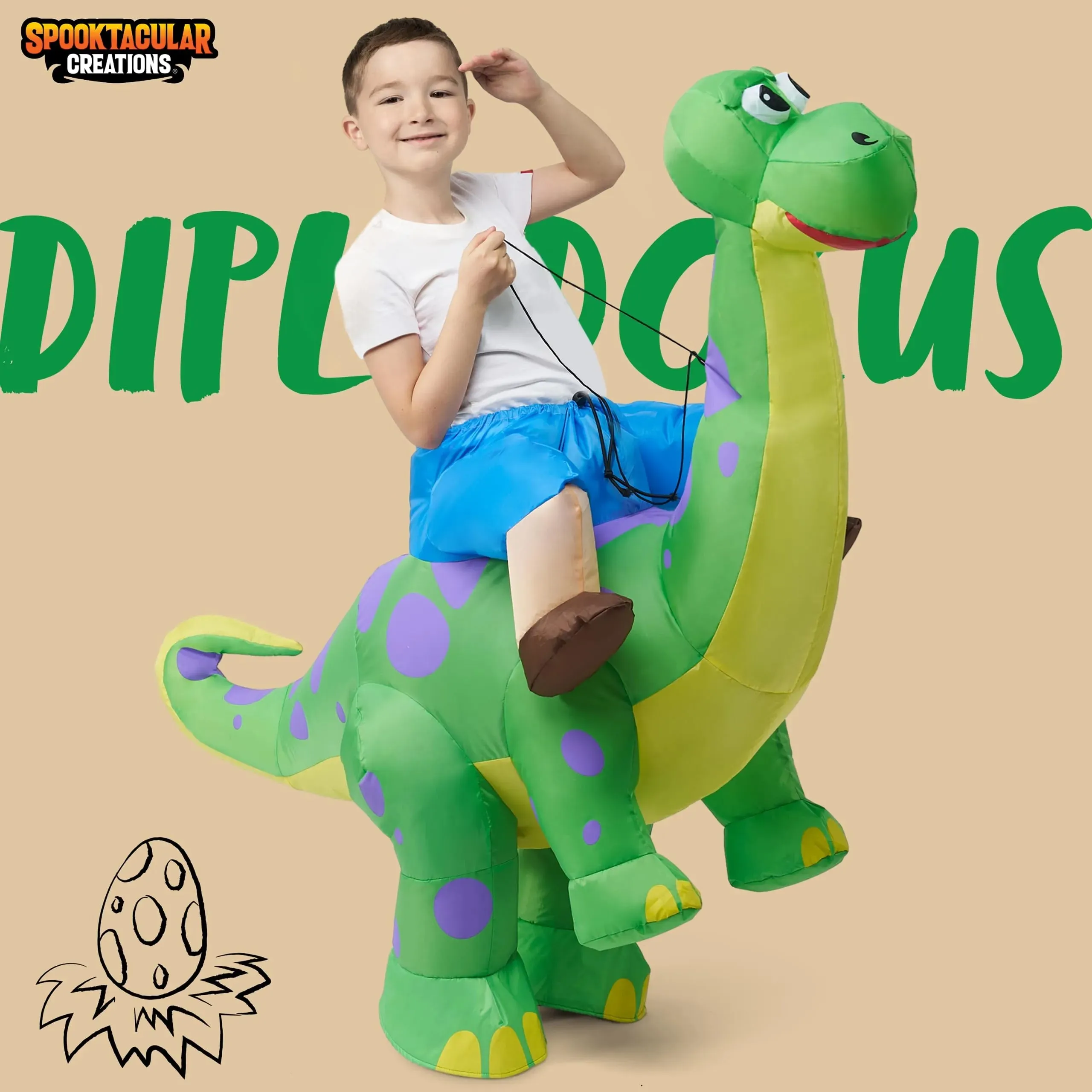 Kids Inflatable Dinosaur Costume, Riding a Green Diplodocus
