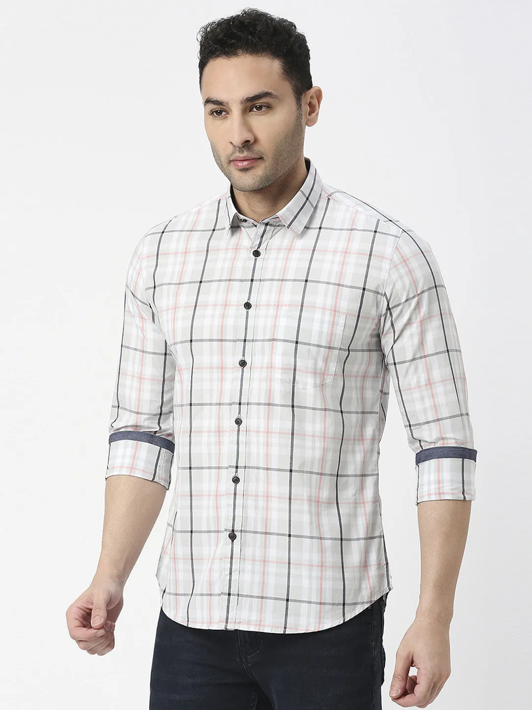 Light Grey Poplin Checked Shirt With Pocket