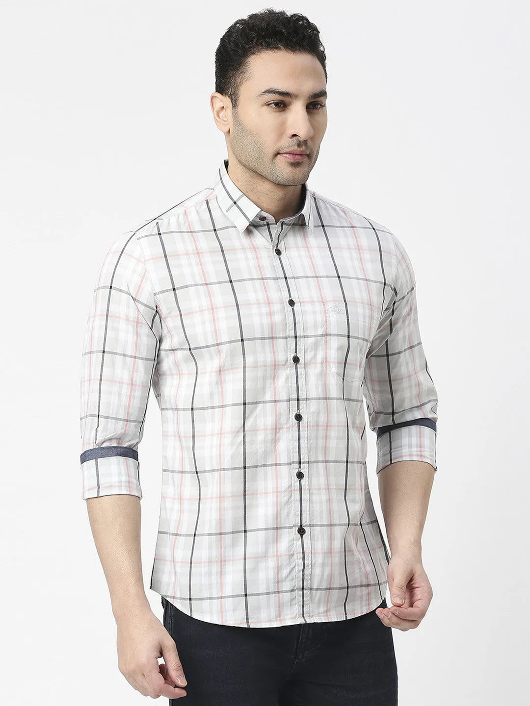 Light Grey Poplin Checked Shirt With Pocket