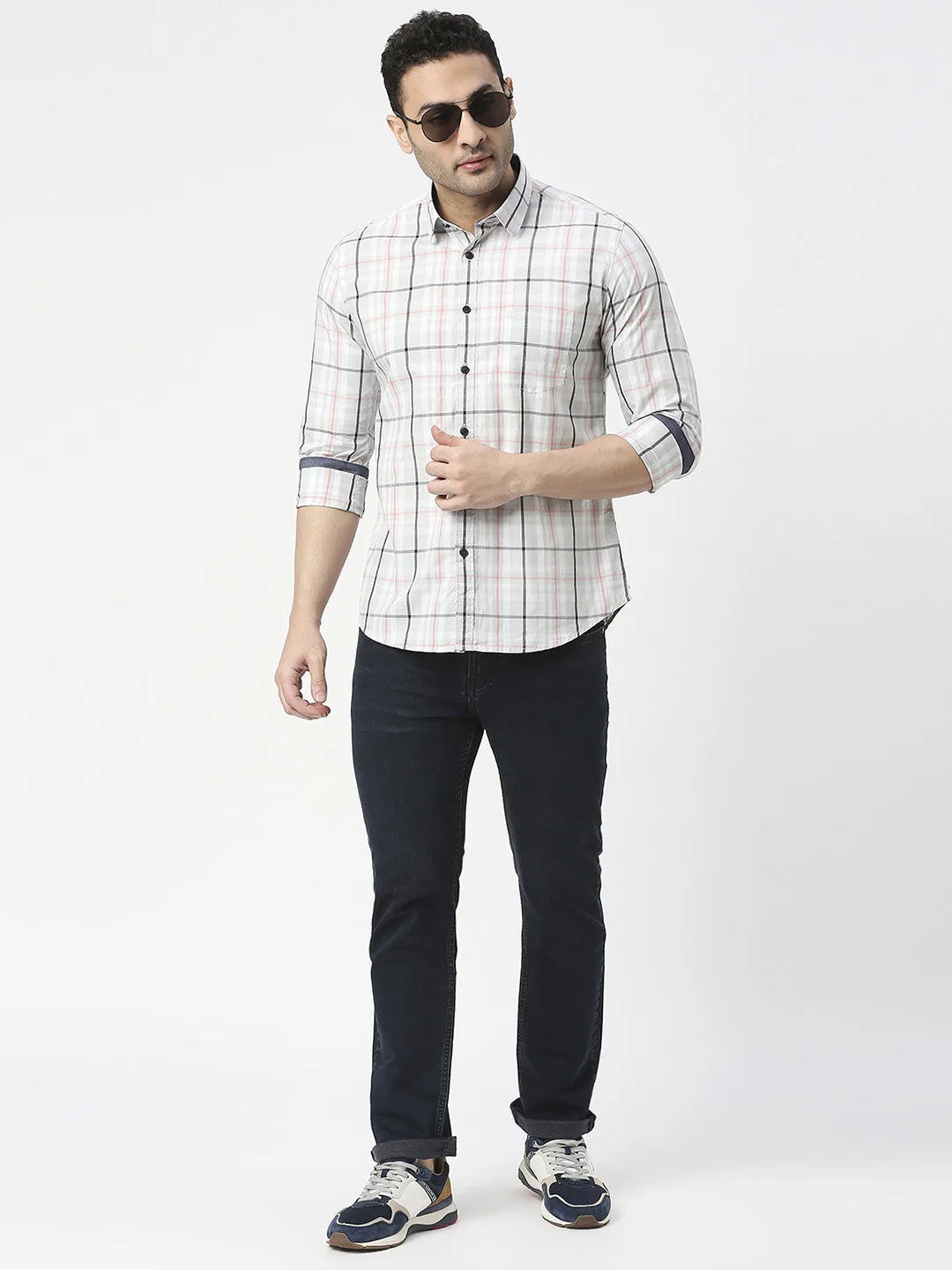 Light Grey Poplin Checked Shirt With Pocket