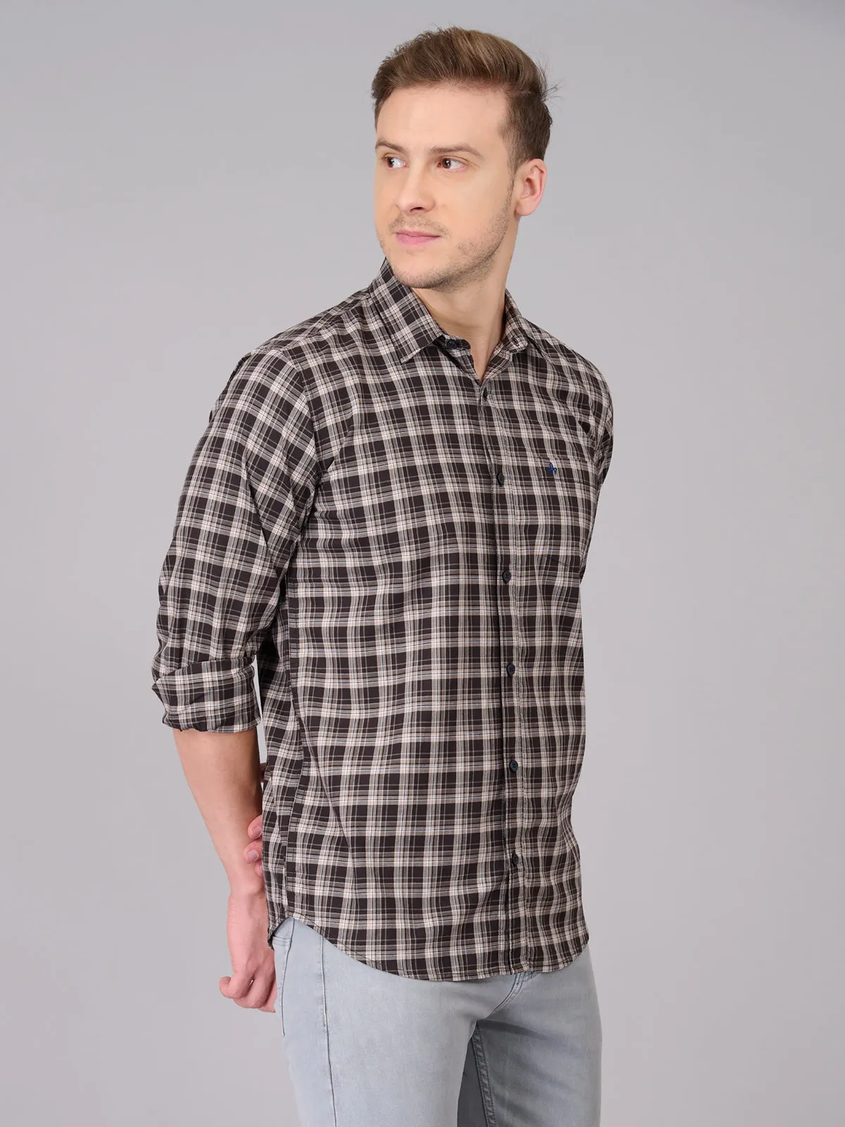Men Brown Checked Cotton Shirt (GBHM23ED03)
