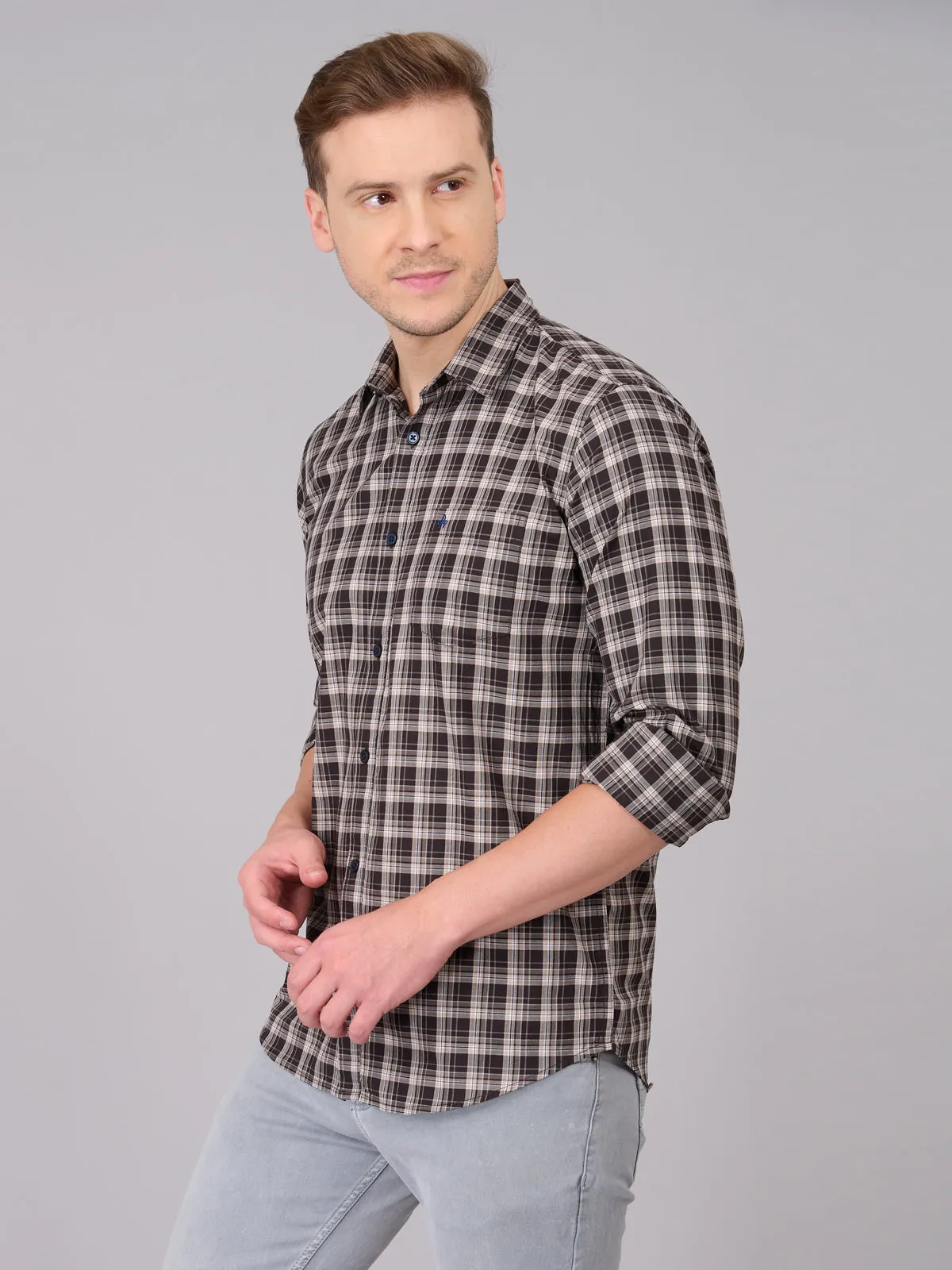 Men Brown Checked Cotton Shirt (GBHM23ED03)