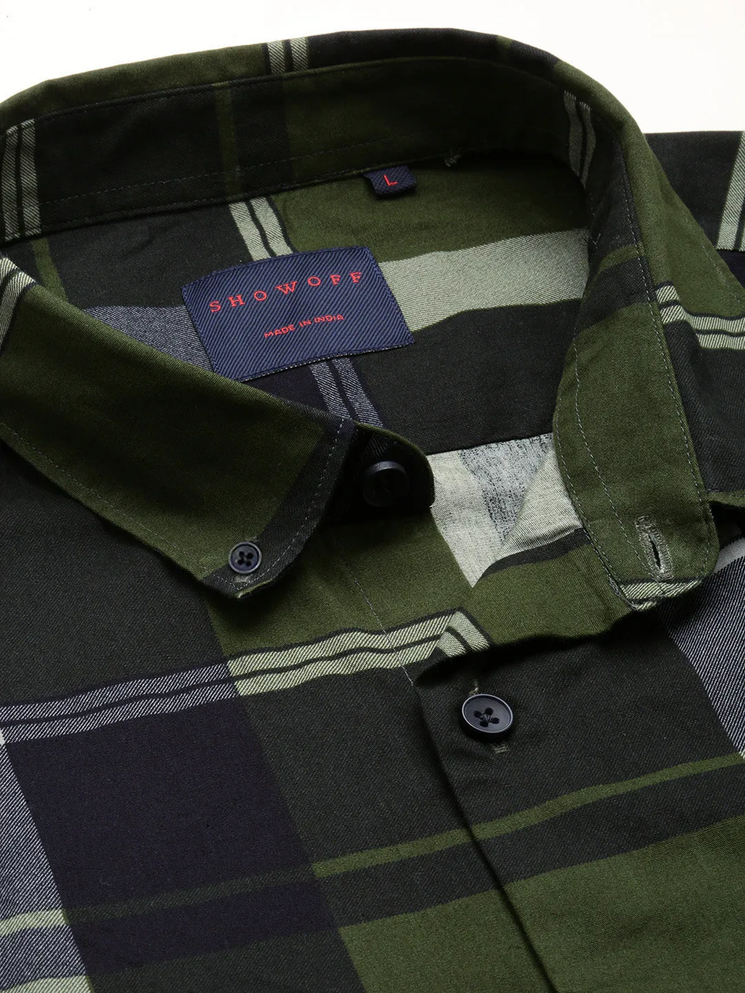 Men Olive Spread Collar Tartan Checks Shirt