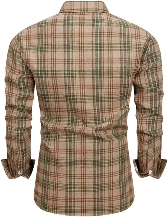 Men's Casual Plaid Shirt Simple Retro Square Business Checked Dress Shirts with Pocket