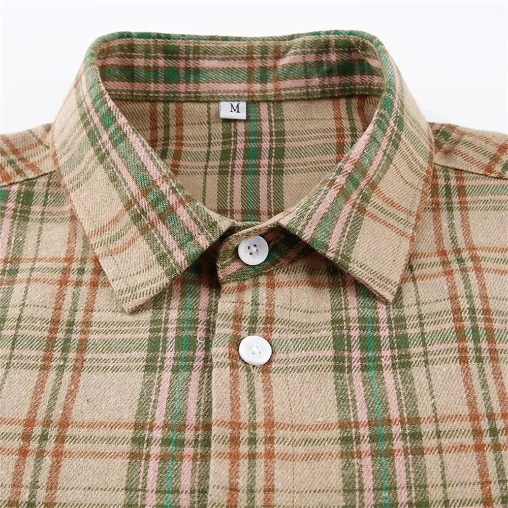 Men's Casual Plaid Shirt Simple Retro Square Business Checked Dress Shirts with Pocket