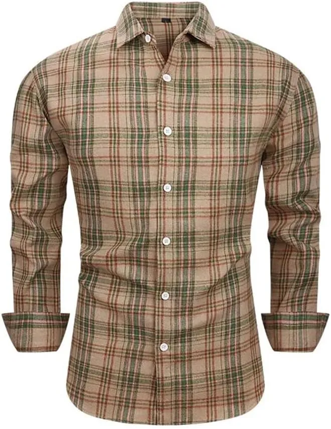Men's Casual Plaid Shirt Simple Retro Square Business Checked Dress Shirts with Pocket