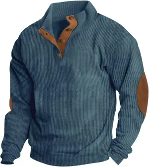 Mens Long Sleeve Sweatshirts Corduroy Elbow Patches Shirt Lapel Collar Pullover Fall Western Tops