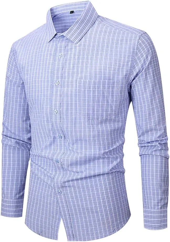 Men's Vintage Casual Plaid Shirt Loose Business Checked Dress Shirts with Pocket