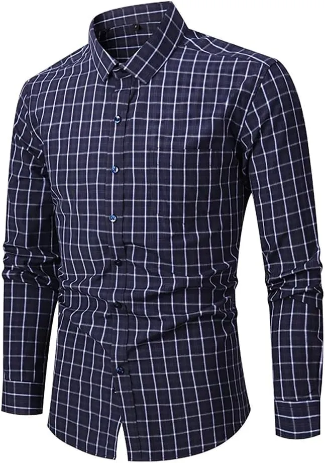 Men's Vintage Casual Plaid Shirt Loose Business Checked Dress Shirts with Pocket