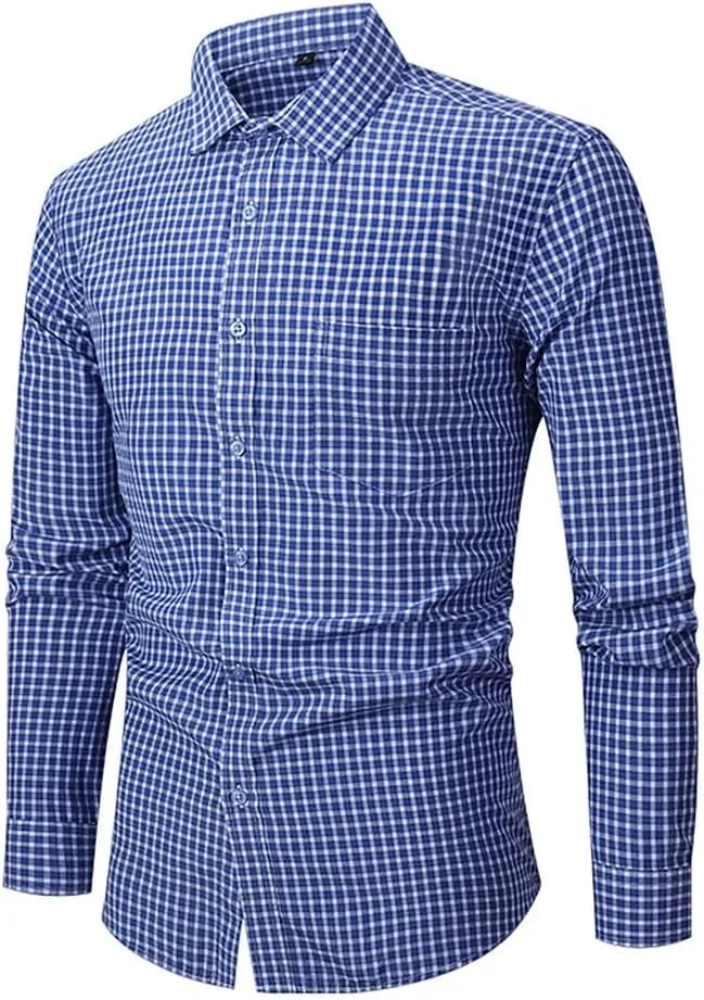 Men's Vintage Casual Plaid Shirt Loose Business Checked Dress Shirts with Pocket