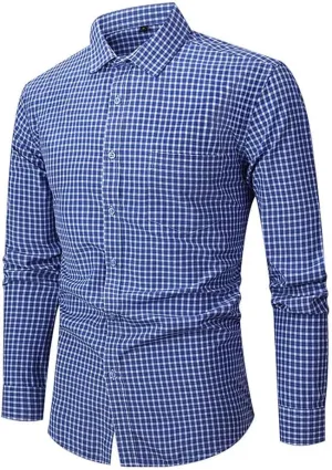 Men's Vintage Casual Plaid Shirt Loose Business Checked Dress Shirts with Pocket