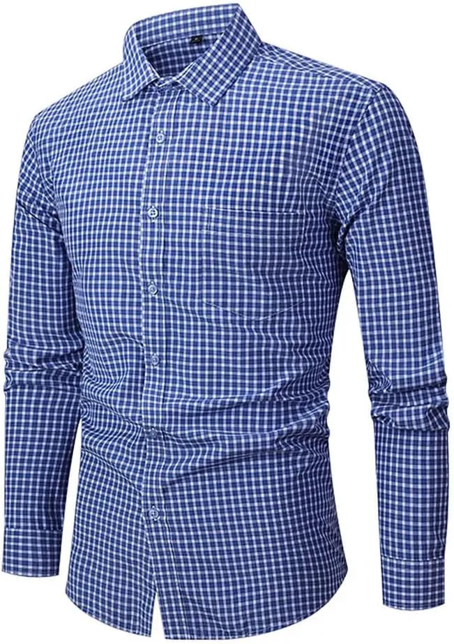 Men's Vintage Casual Plaid Shirt Loose Business Checked Dress Shirts with Pocket
