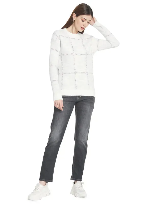 Mettle Women White  Grey Checked Checked Pullover