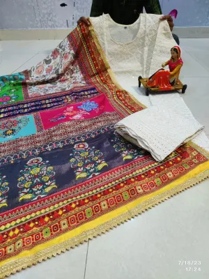Multi pattern yellow border Chikankari Elegance - Pakistani Dupatta & Kurti Palazzo Set