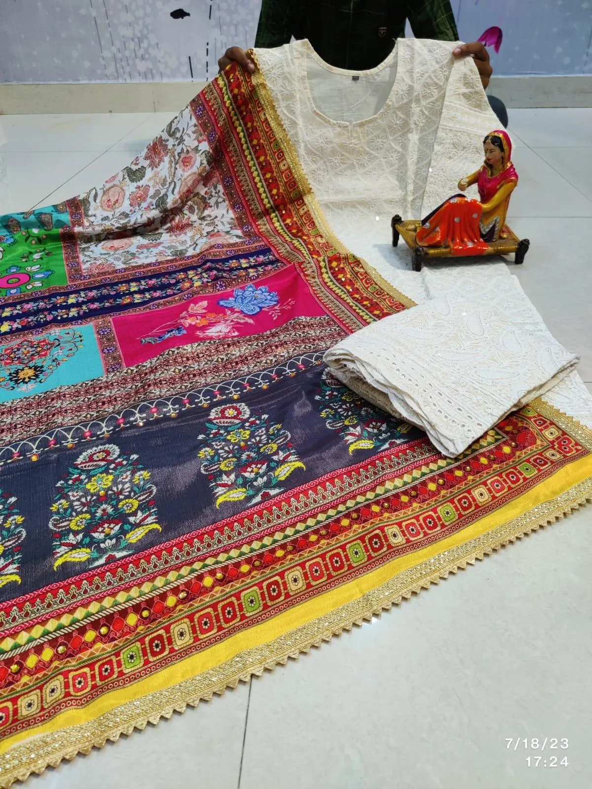 Multi pattern yellow border Chikankari Elegance - Pakistani Dupatta & Kurti Palazzo Set