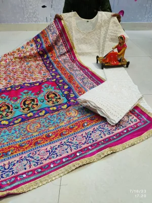 Multicolor Pink hues Chikankari Elegance - Pakistani Dupatta & Kurti Palazzo Set