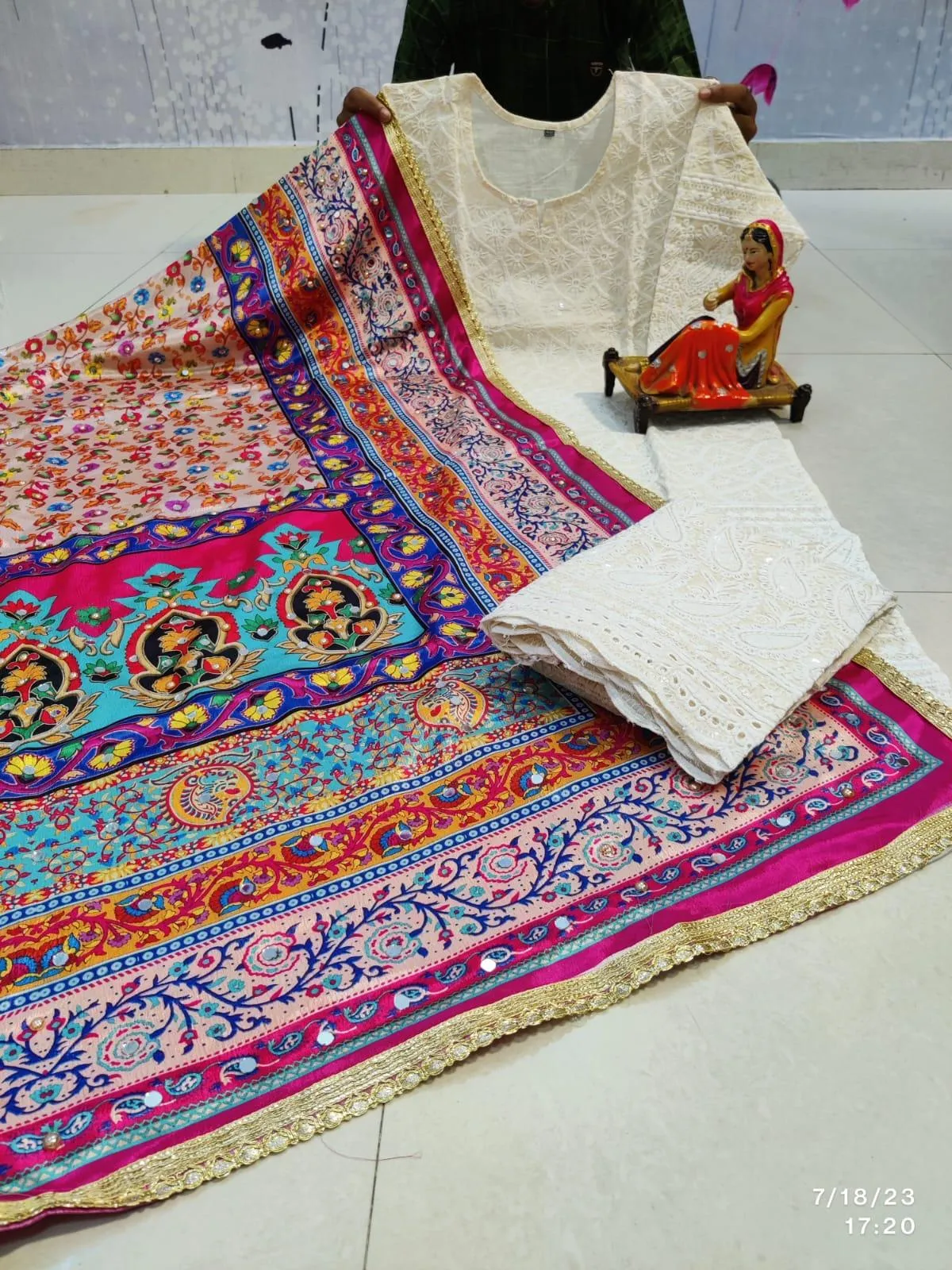 Multicolor Pink hues Chikankari Elegance - Pakistani Dupatta & Kurti Palazzo Set
