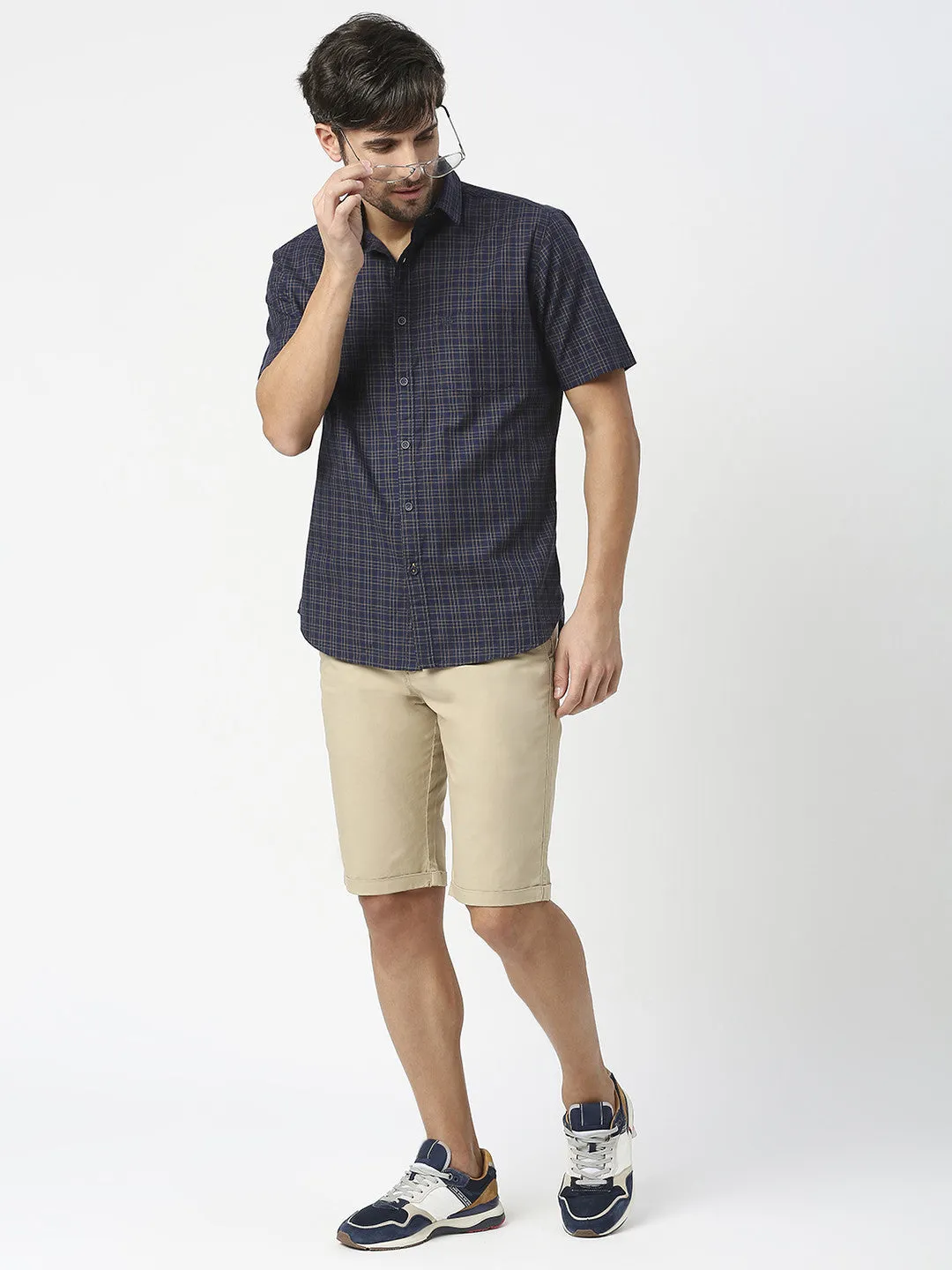 Navy Blue Half Sleeves Twill Checked Shirt With Pocket