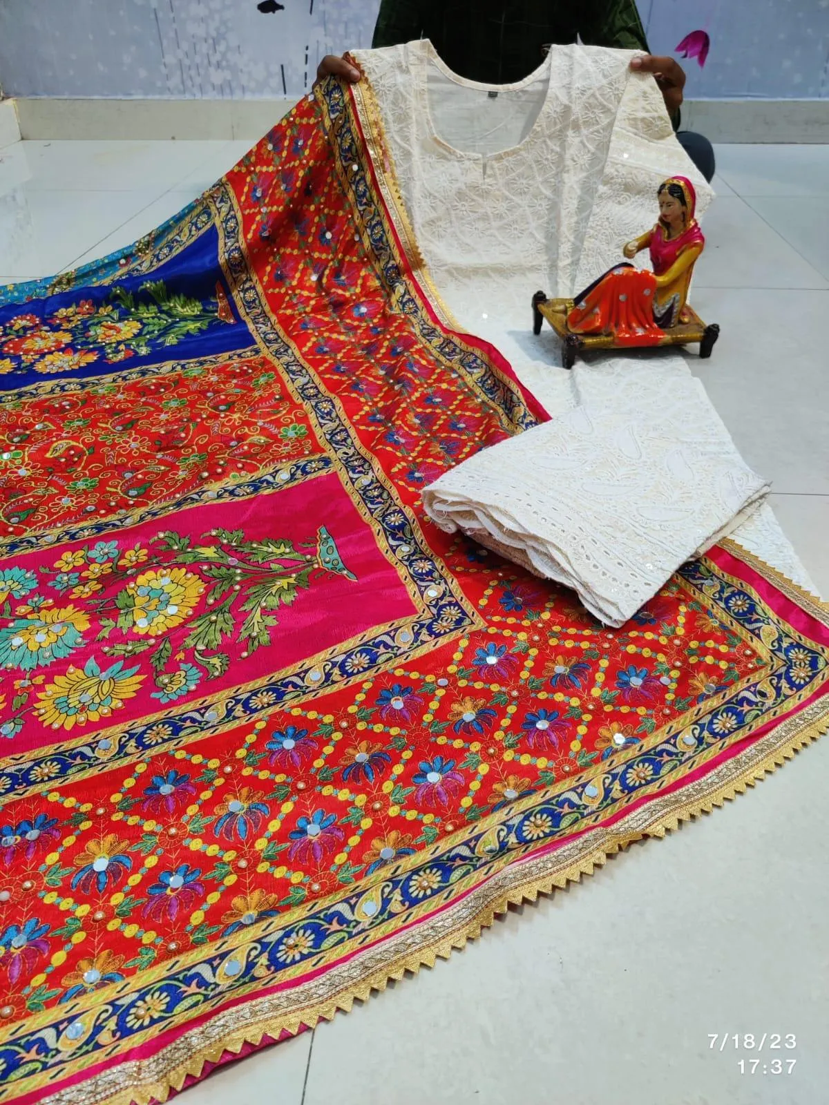 Orange Blue Multicolor Style Chikankari Elegance - Pakistani Dupatta & Kurti Palazzo Set