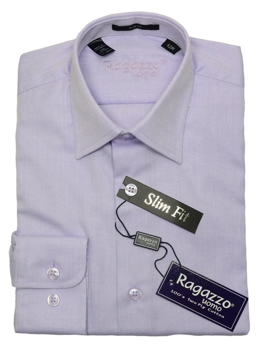 Ragazzo 20786 100% Cotton Boy's Slim Fit Dress Shirt - Tonal Herringbone - Lilac, Modified Spread Collar
