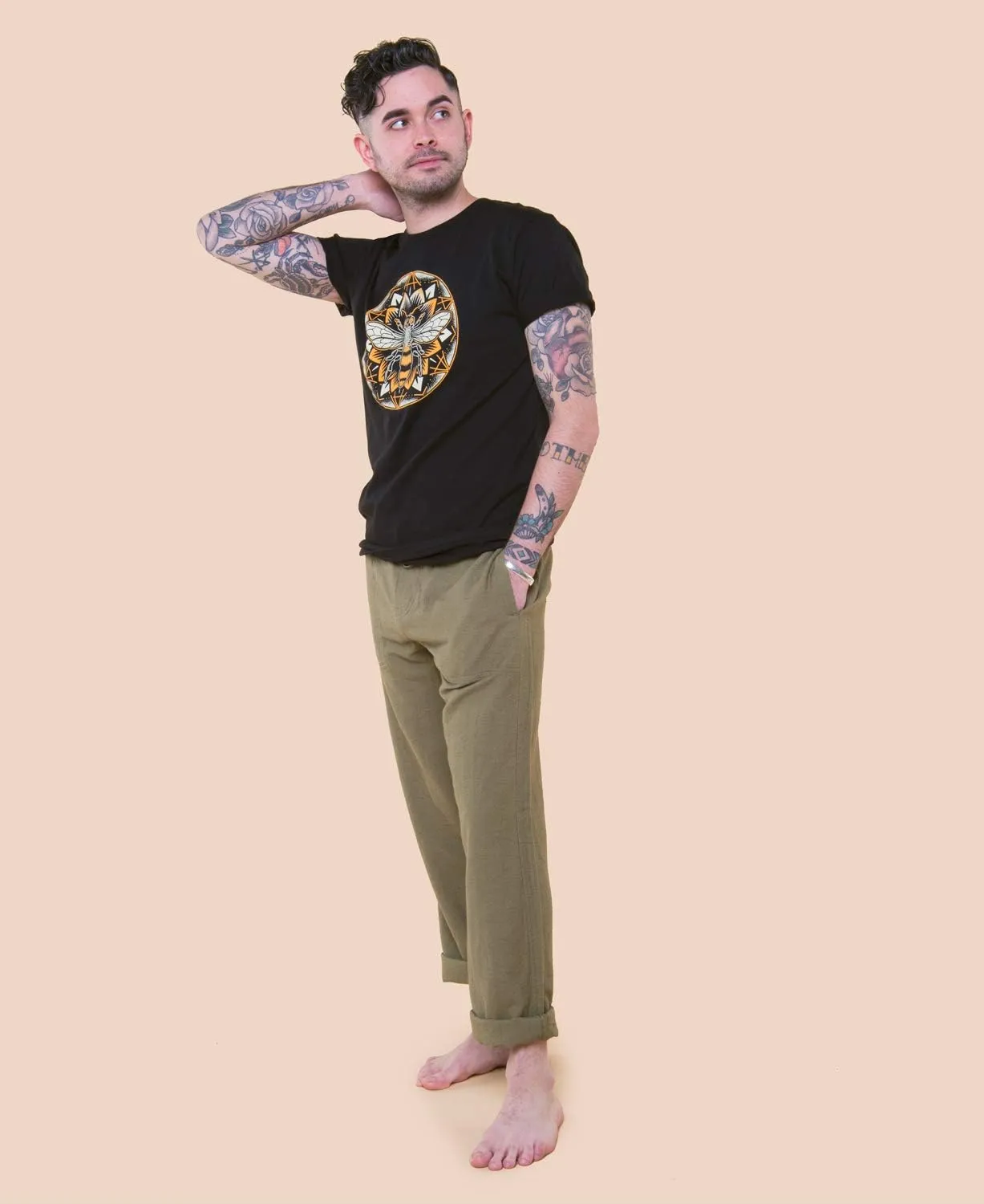 Soul Flower Bee Mandala Organic Cotton Short Sleeve T-Shirt - Black Unisex Crew Neck Tee for Men and Women