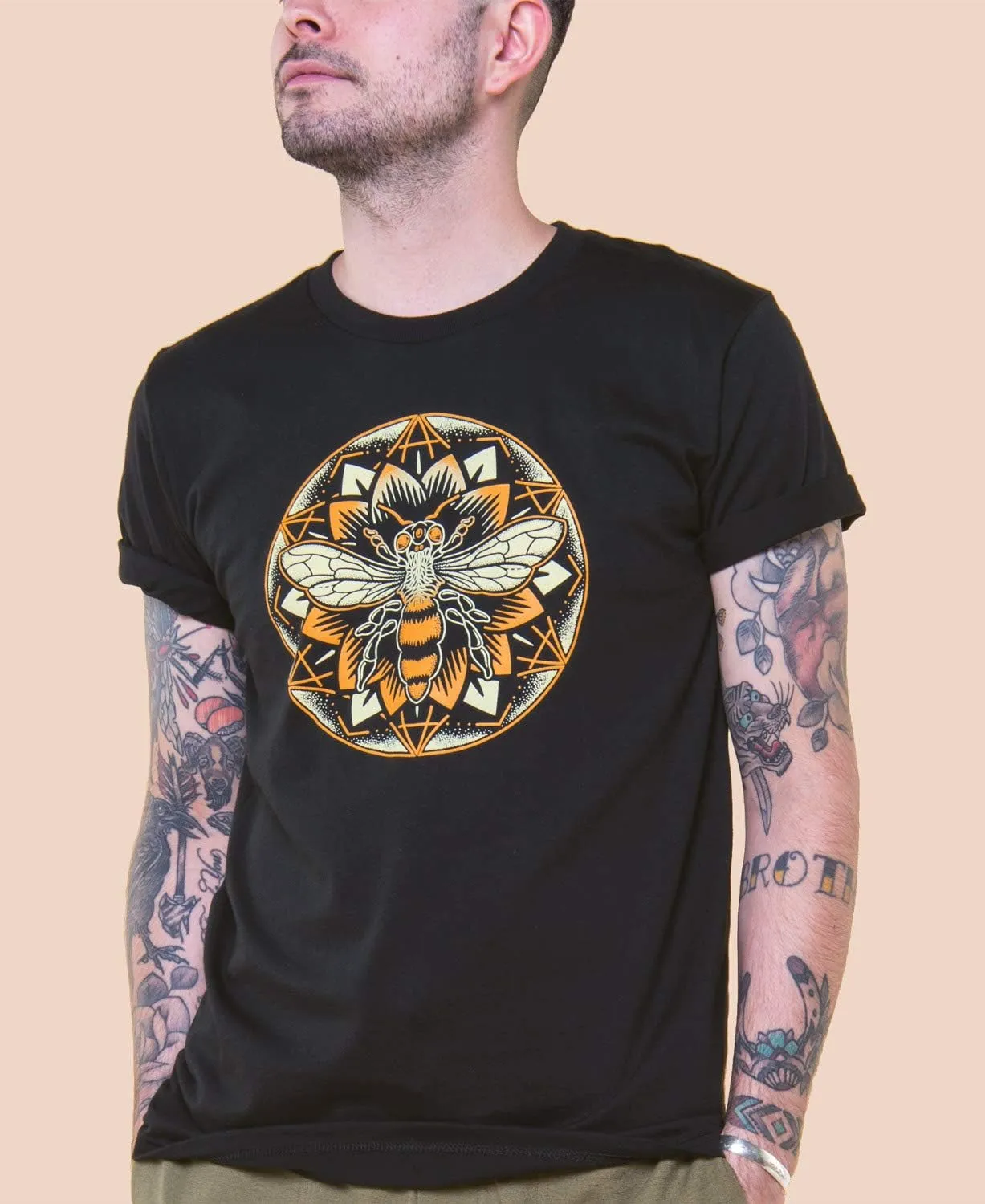 Soul Flower Bee Mandala Organic Cotton Short Sleeve T-Shirt - Black Unisex Crew Neck Tee for Men and Women
