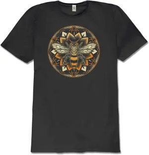 Soul Flower Bee Mandala Organic Cotton Short Sleeve T-Shirt - Black Unisex Crew Neck Tee for Men and Women